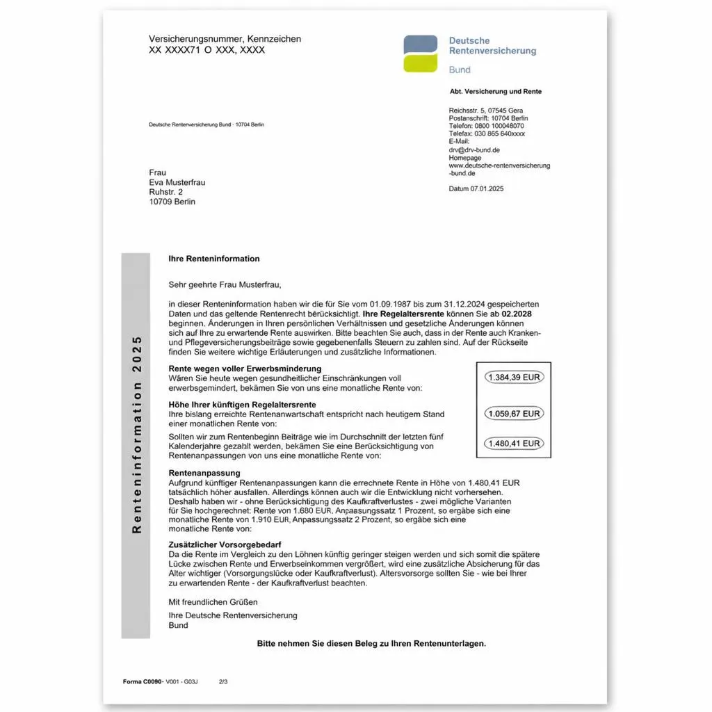 Muster eines Rentenversicherungsbescheids mit übersichtlichen Vorsorgeangaben